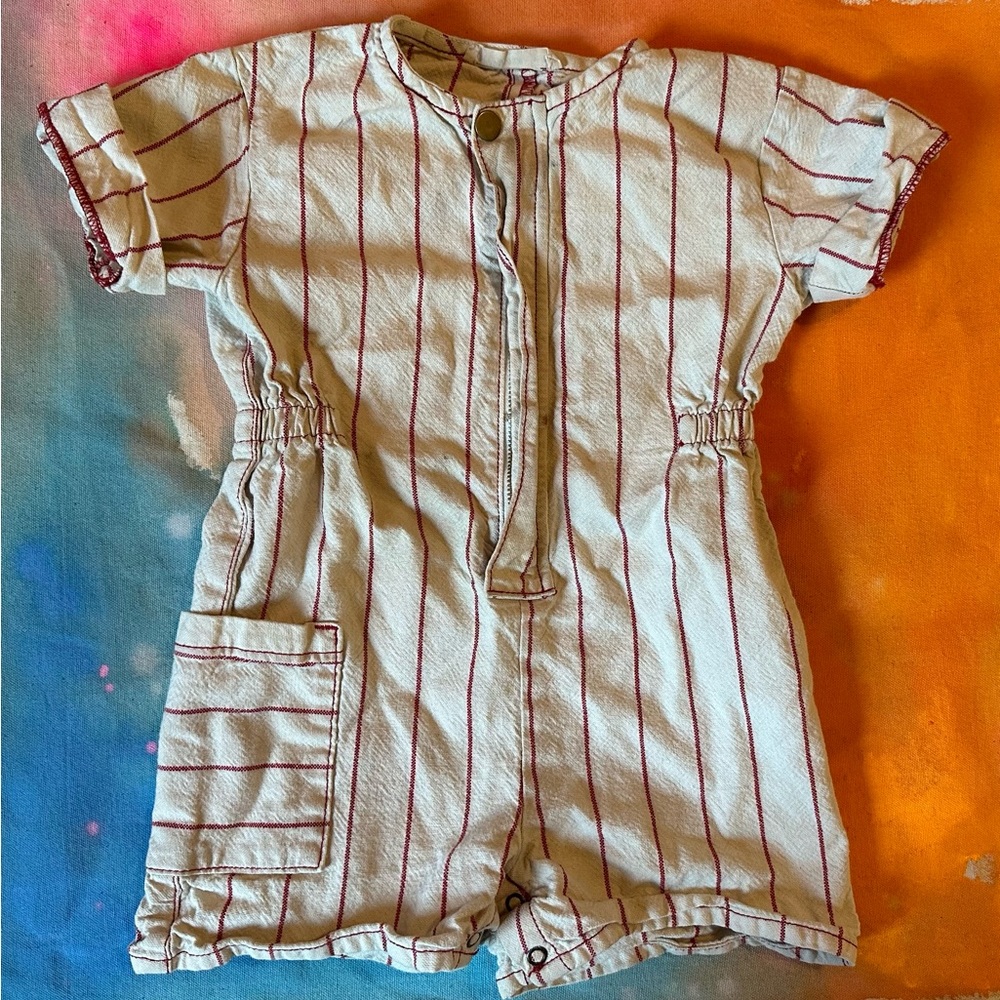 Fin & Vince Cream and Red Striped Painter's Jumpsuit Romper
